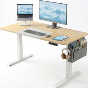 [120cm x 60cm] Pine Electric Standing Desk styled with dual monitor and laptop setup, desk mat, tablet, side organiser