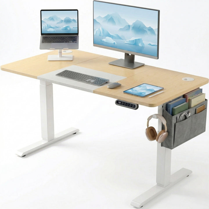 [120cm x 60cm] Pine Electric Standing Desk styled with dual monitor and laptop setup, desk mat, tablet, side organiser