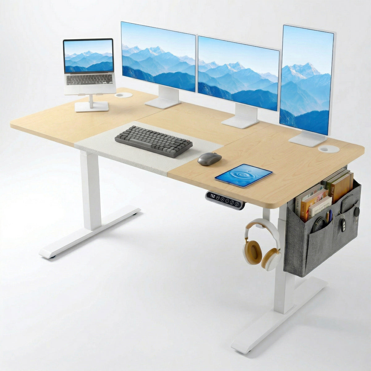 [160cm x 70cm]  Pine Electric Standing Desk styled with three monitors, laptop stand, mechanical keyboard, tablet, side organiser