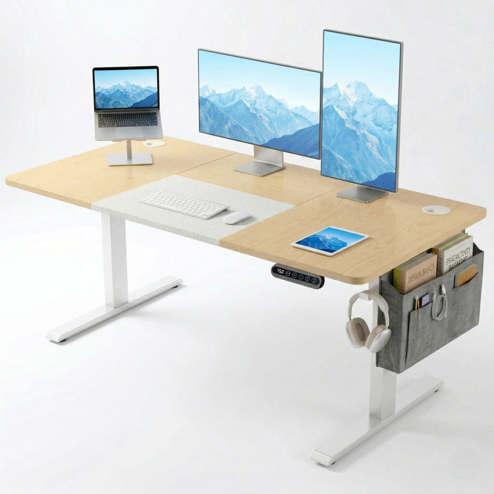 [140cm x 60cm] Pine Electric Standing Desk styled with triple screen and laptop stand setup, desk mat, tablet, side organiser