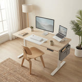 [120cm x 60cm] home-office scene around 120x60cm pine standing desk, floor lamp left, window light, two screens on top