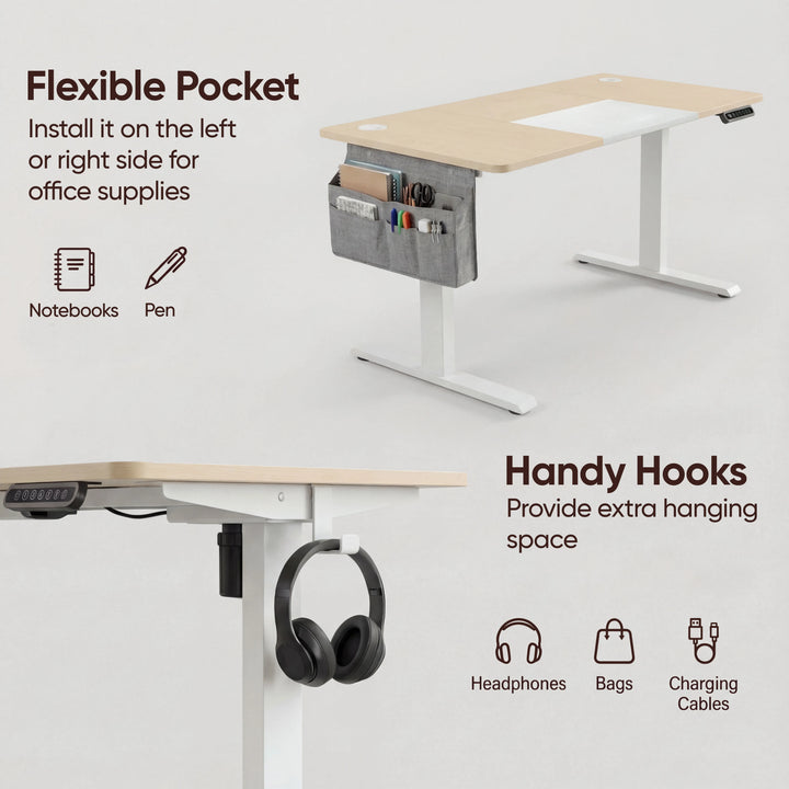 [140cm x 60cm] flexible fabric pocket and handy under-desk hooks on 140cm pine standing desk, headphones hung below edge