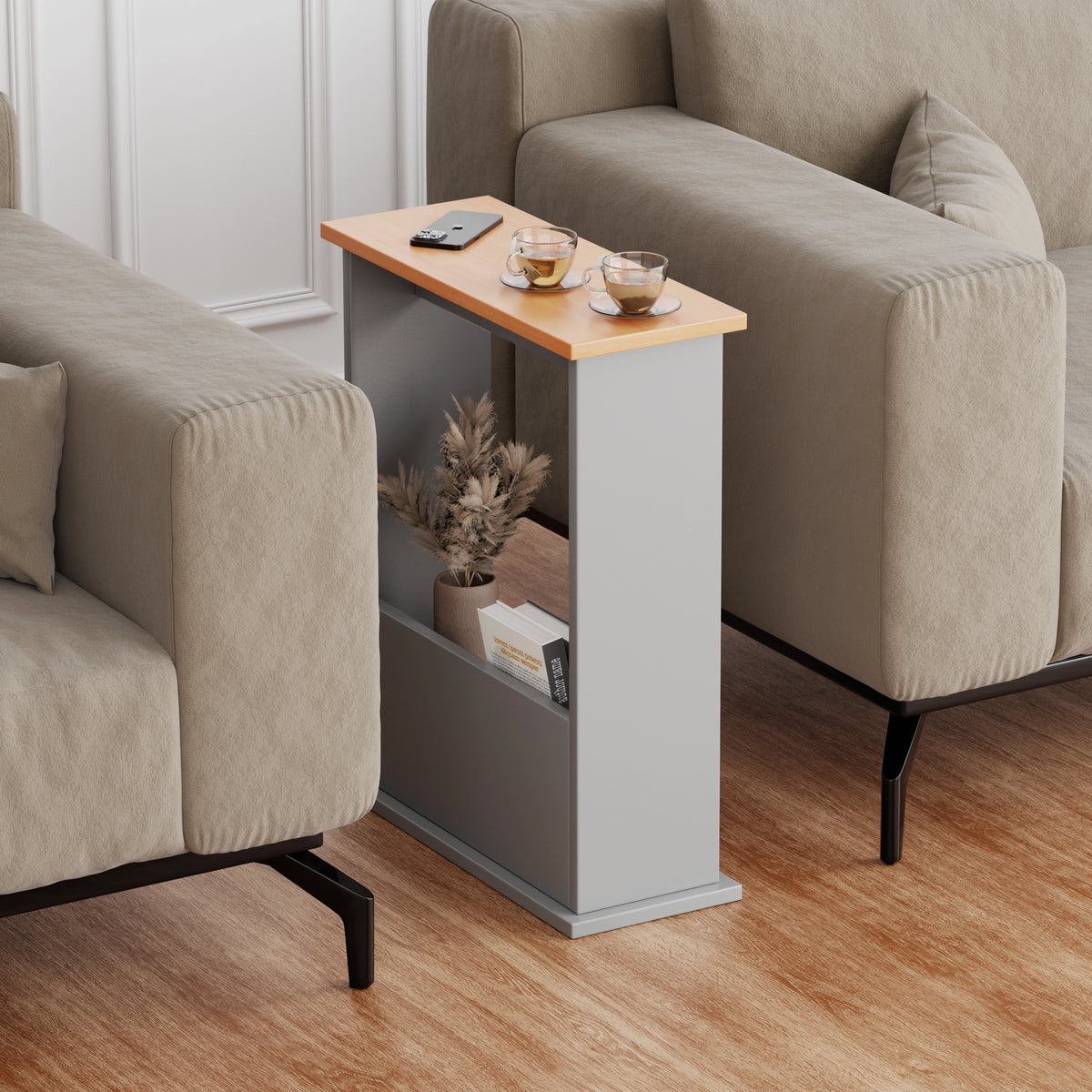 [Pine + Silver Grey] grey side table with oak top placed between sofas, coffee on surface and magazine stored below