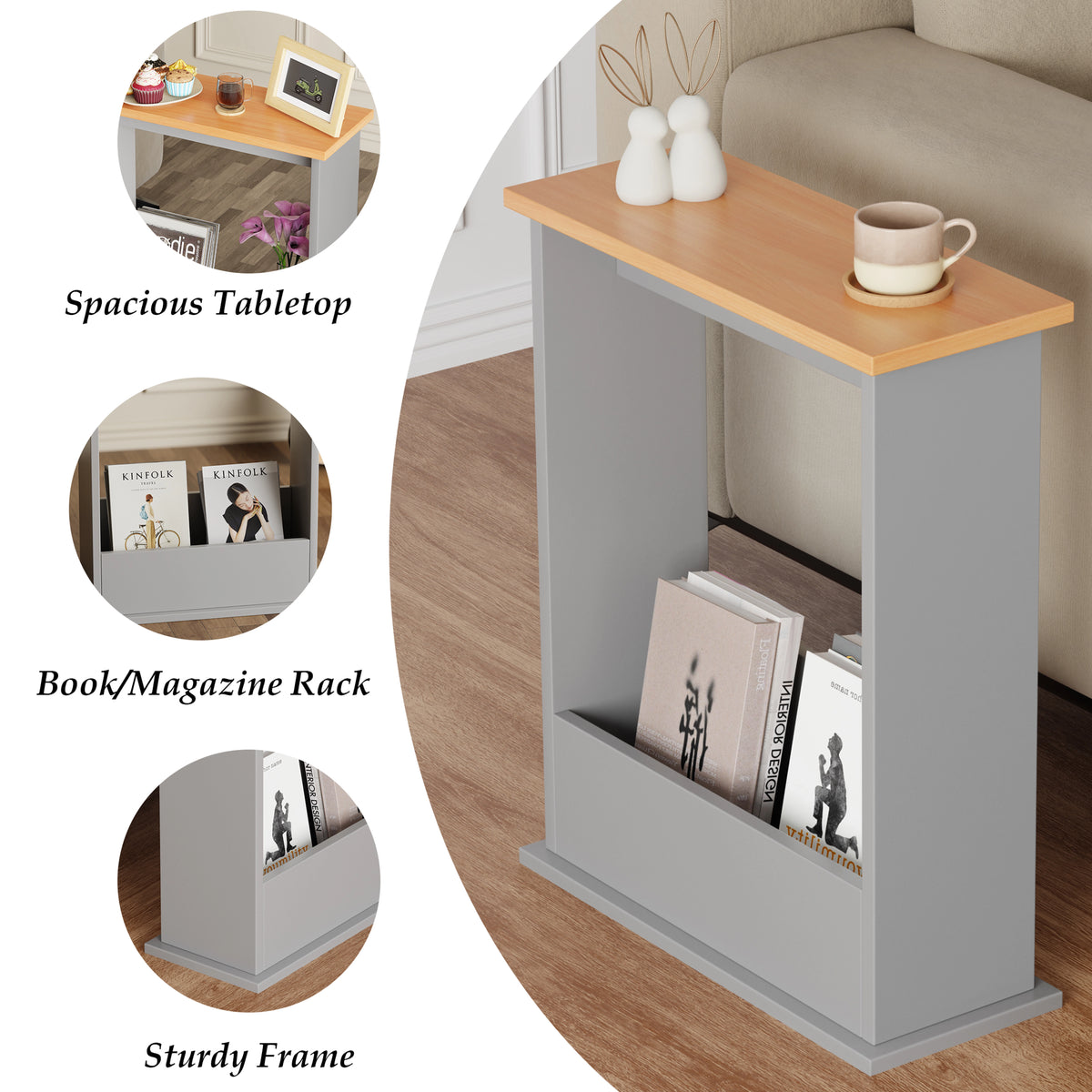 [Pine + Silver Grey] mini table in grey with oak top and three insets for frame durability, magazine holder, and tabletop space