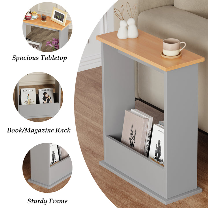 [Pine + Silver Grey] mini table in grey with oak top and three insets for frame durability, magazine holder, and tabletop space