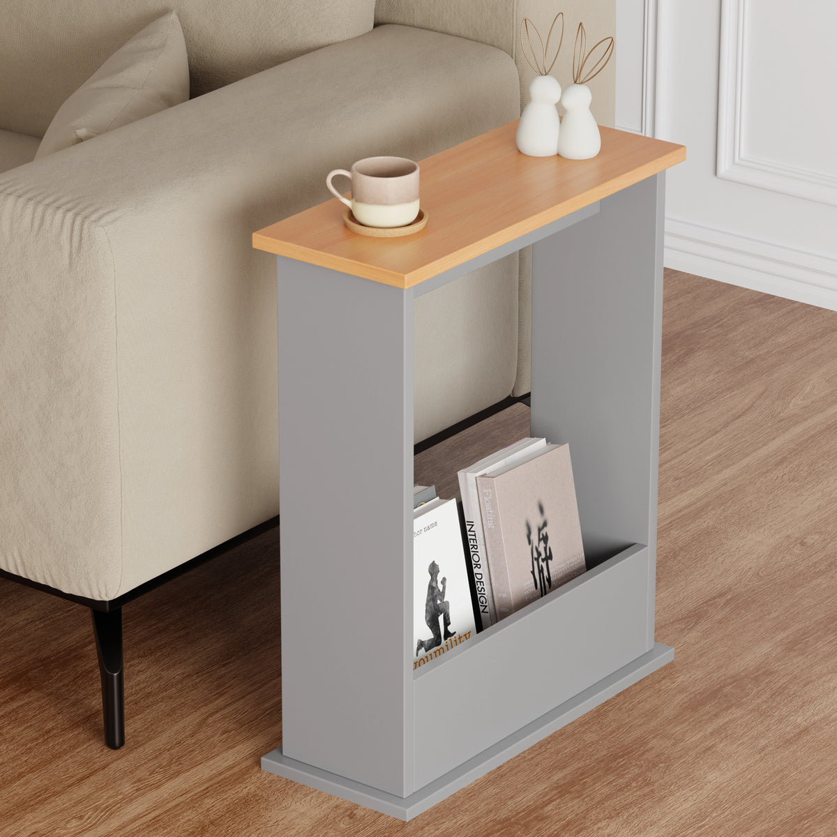 [Pine + Silver Grey] end table in grey with oak top used in living room, books in lower storage and coffee on top