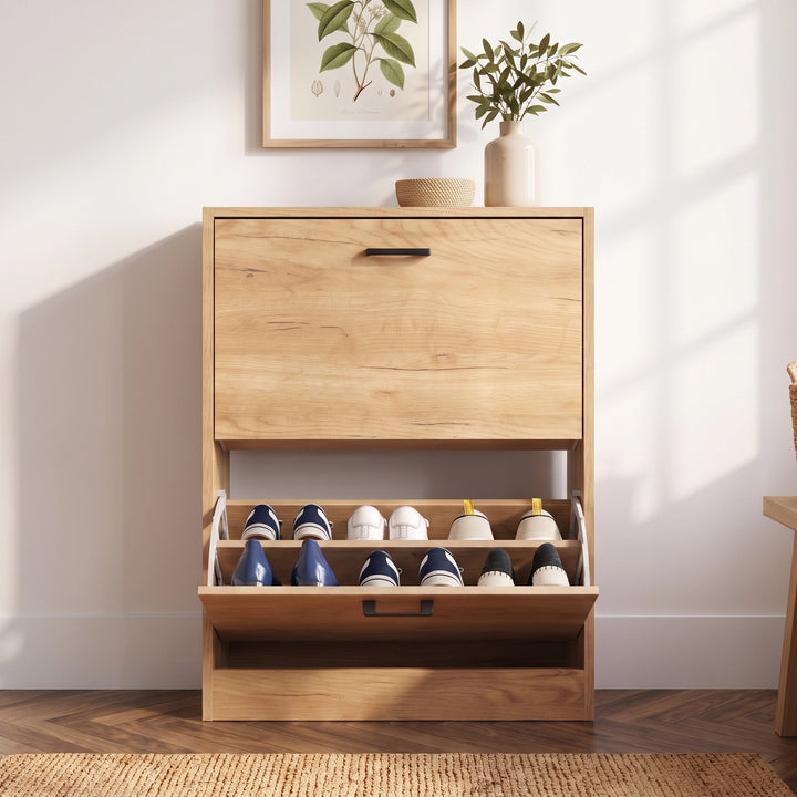 [Pine] 12 pair shoe storage cabinet in pine with bottom pull-down drawer open, showing wellies and casual shoes.