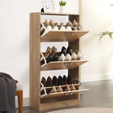 [Pine] A fully loaded slim shoe cabinet for hallway shown fitted with 18 pairs of shoes in all three compartments.