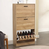 [Pine] Pine shoe cabinet with a 3 tier shoe cabinet structure, in a hallway with footwear in the lower compartment.