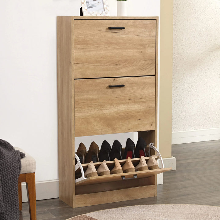 [Pine] Pine shoe cabinet with a 3 tier shoe cabinet structure, in a hallway with footwear in the lower compartment.