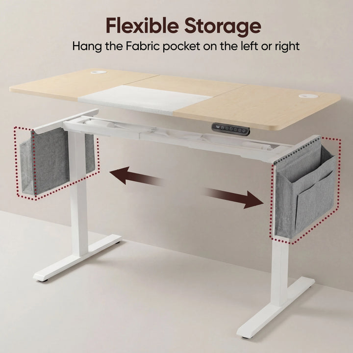 [160cm x 70cm] top-down on 160x70cm pine desk with grey fabric pocket on each side, red arrows showing swap option