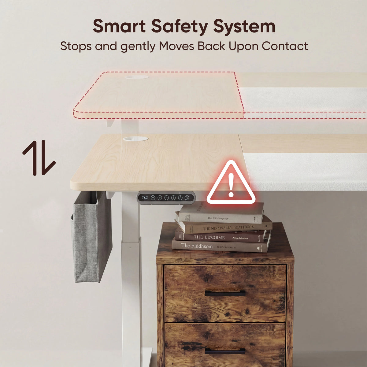 [120cm x 60cm] smart safety system on 120cm pine standing desk, anti-collision arrows above books on rustic 3-drawer cabinet