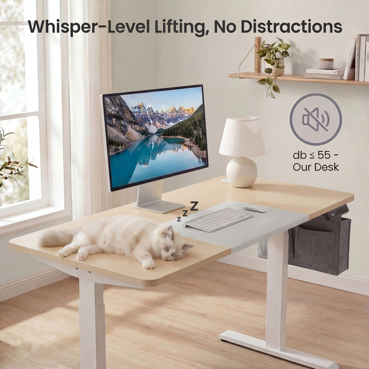 [120cm x 60cm] pine standing desk 120cm quiet-motor shot, cat resting beside keyboard, mountain photo on shelf above