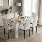 [6 Seater | White] White & Pine 4-6 Seater Dining Table and Chairs Set displaying a rectangular light pine tabletop sitting over thick sturdy white painted legs