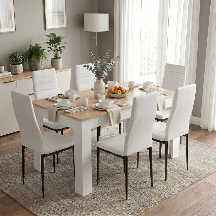 [6 Seater | White] White & Pine 4-6 Seater Dining Table and Chairs Set displaying a rectangular light pine tabletop sitting over thick sturdy white painted legs
