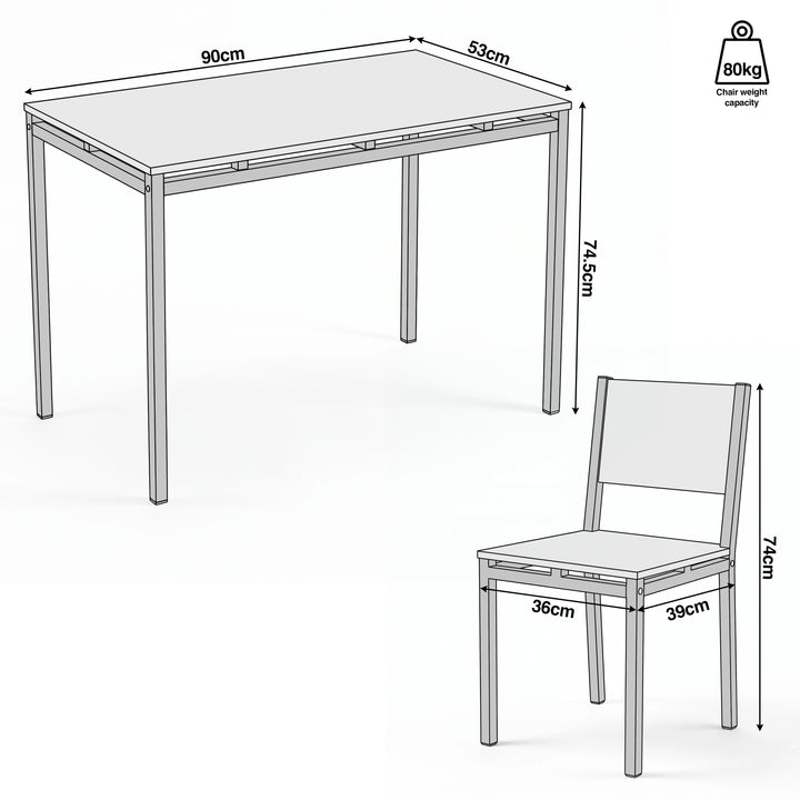 [Pine] Breakfast table and chairs for 2 dimensions WxDxH: table 90x53x74.5cm, chairs 36x39x74cm, and 80kg weight capacity.