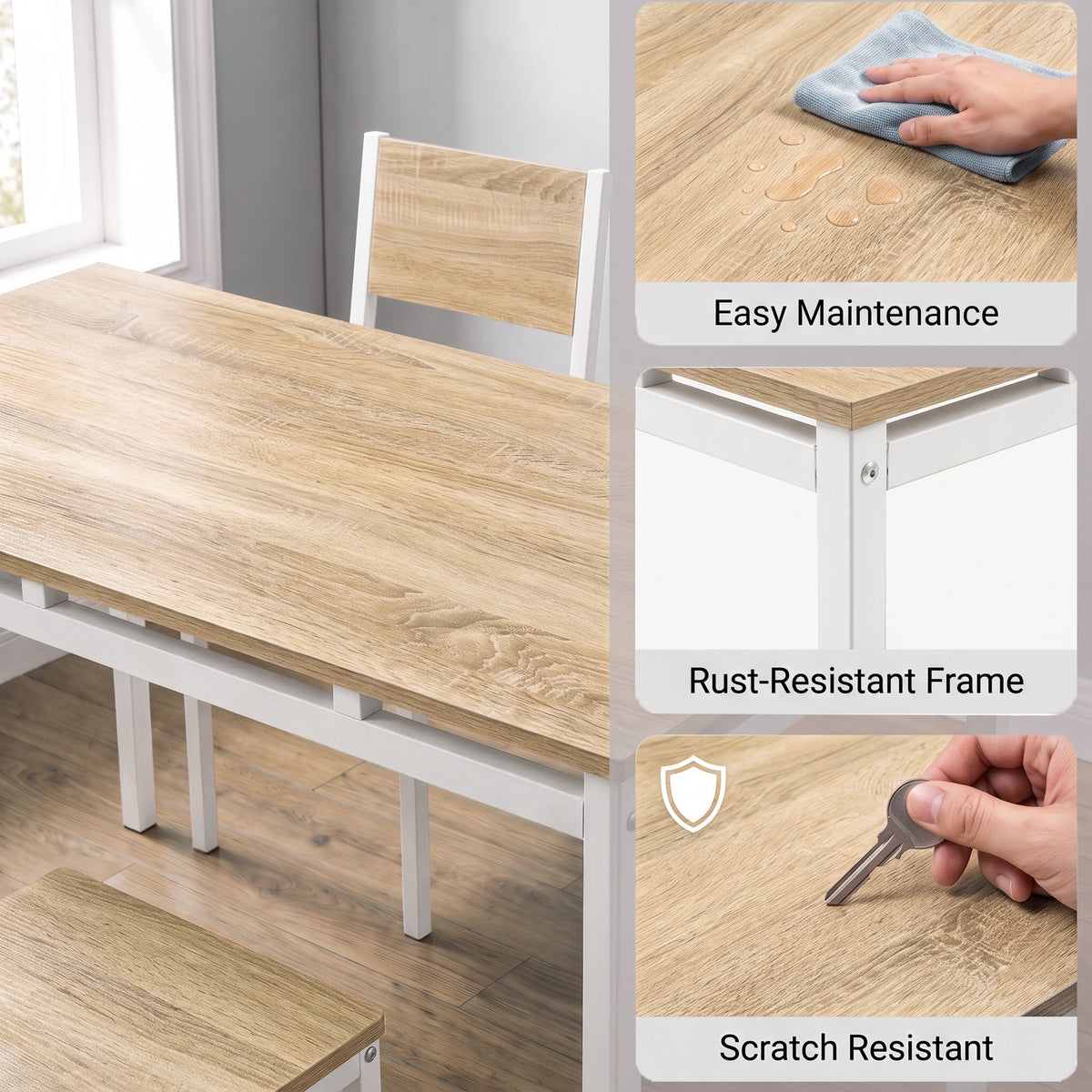 [Pine] Dining table guide showing an easy-clean tabletop, rust-resistant white frame & scratch-resistant pine-effect surface.