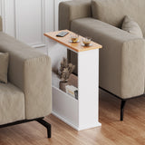 [Pine + White] sofa side table placed between two sofas with coffee on top and magazine inside holder