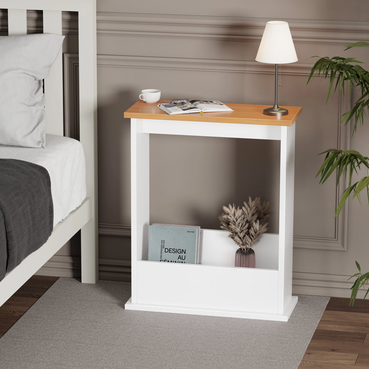 [Pine + White] white body oak top side table as bedside with lamp on top and books in lower slot