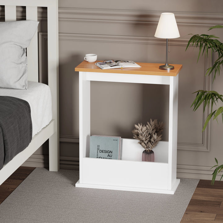 [Pine + White] white body oak top side table as bedside with lamp on top and books in lower slot