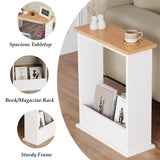 [Pine + White] narrow side table in white with oak top and three inset views: sturdy body, book slot, and wide top