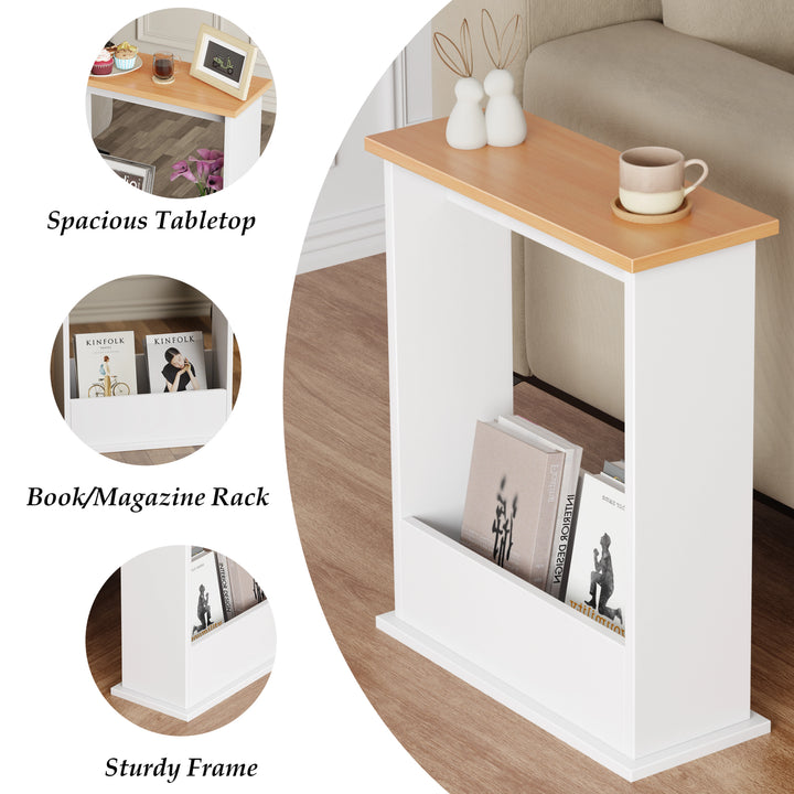 [Pine + White] narrow side table in white with oak top and three inset views: sturdy body, book slot, and wide top
