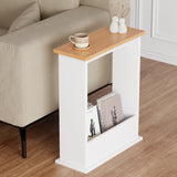 [Pine + White] side table with oak top next to beige sofa, showing books in storage and cup on top