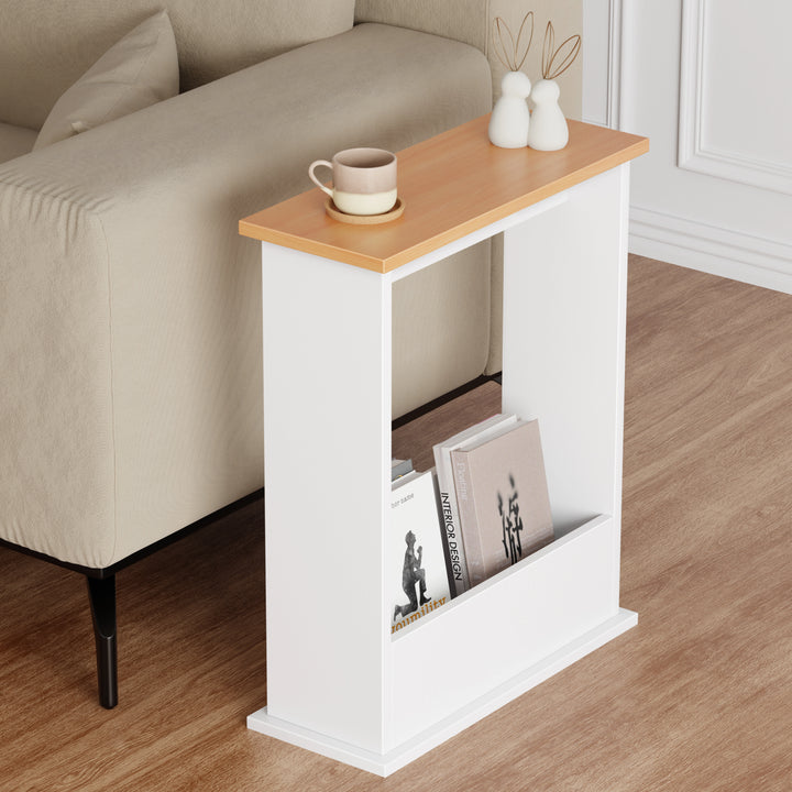 [Pine + White] side table with oak top next to beige sofa, showing books in storage and cup on top