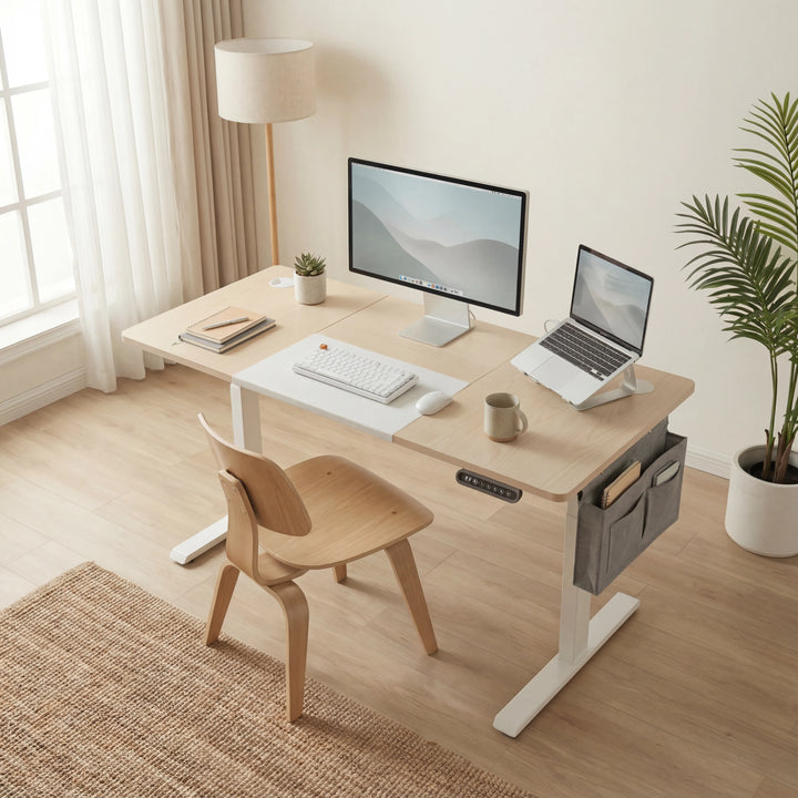 [140cm x 60cm] home-office scene around 140x60cm pine standing desk, floor lamp left, window light, two screens on top