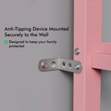 [Pink + Pine] bunk bed frame close-up of metal anti-tipping bracket securing high sleeper frame to wall for safety
