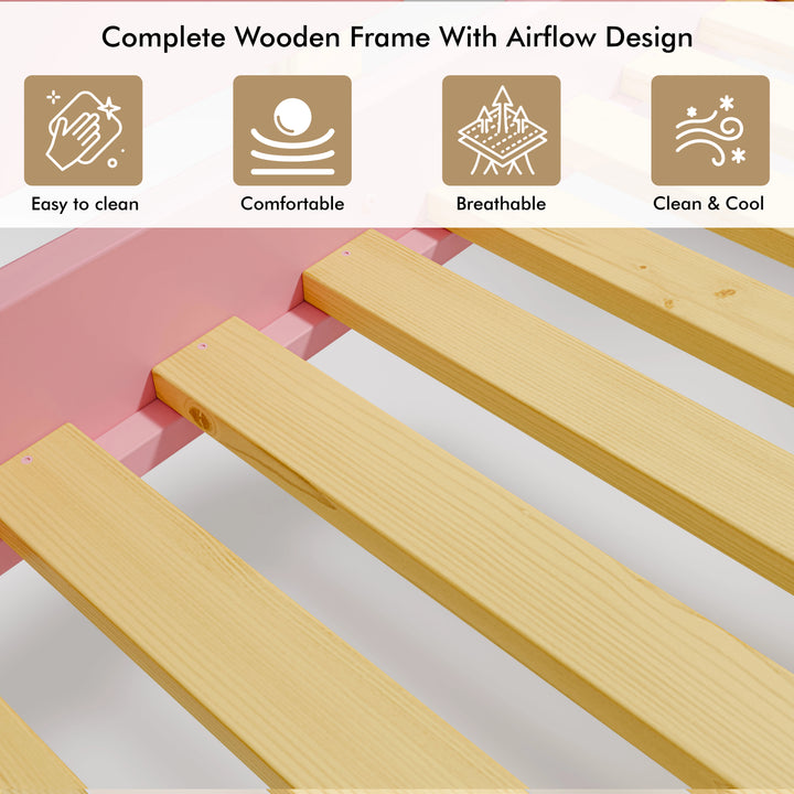 [Pink + Pine] bunk bed slatted base detail with evenly spaced pine slats and airflow design for mattress ventilation