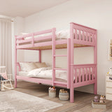 [Pink] bunk bed with cream bedding in a bright room, featuring a detachable design and built-in ladder for safety.