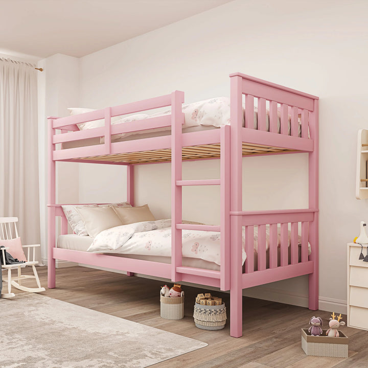 [Pink] bunk bed with cream bedding in a bright room, featuring a detachable design and built-in ladder for safety.