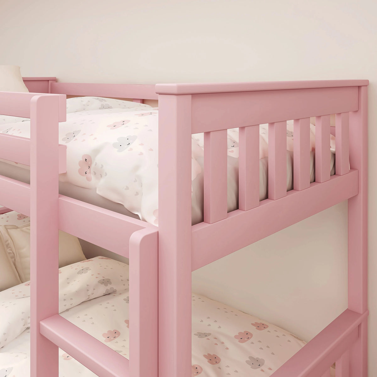 [Pink] Close-up of double bunk bed for adults showing rounded ladder edges and tall safety rails