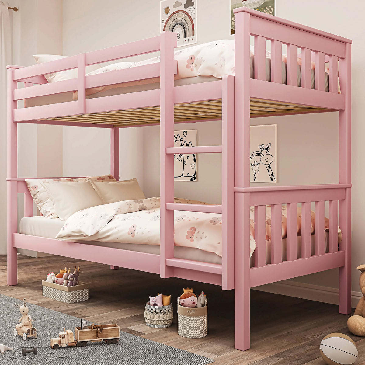 [pink] solid wood slatted bunk bed in soft pink childrens room with toys