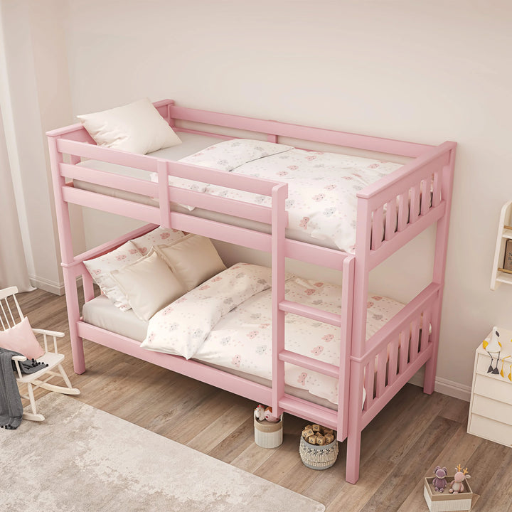 [Pink] Top-down view of bunk bed with cream bedding, highlighting compact layout and safe design for children's rooms.