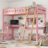 [Pink + Pine] Bunk bed with desk showing ladder access and safety rails around elevated platform and L-shaped desk below