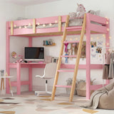 [Pink + Pine] Bunk bed with desk showing ladder access and safety rails around elevated platform and L-shaped desk below