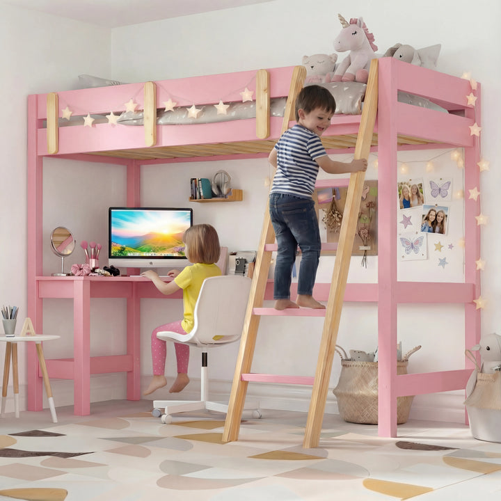 [Pink + Pine] Rear angle pink bunk bed with desk with boy on ladder girl at desk and unicorn plush on upper bed