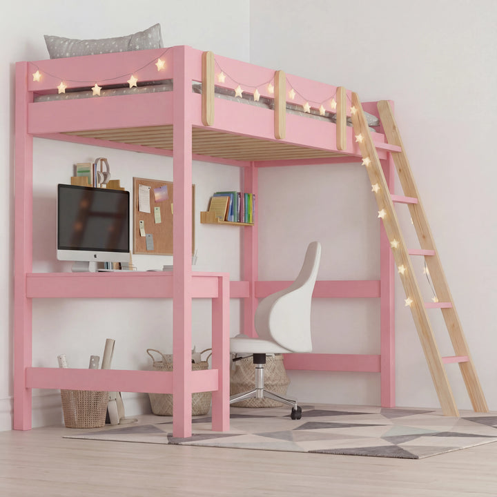[pink + pine] bunk bed with desk from the side showing pink frame, pine ladder and workspace with desktop and chair below