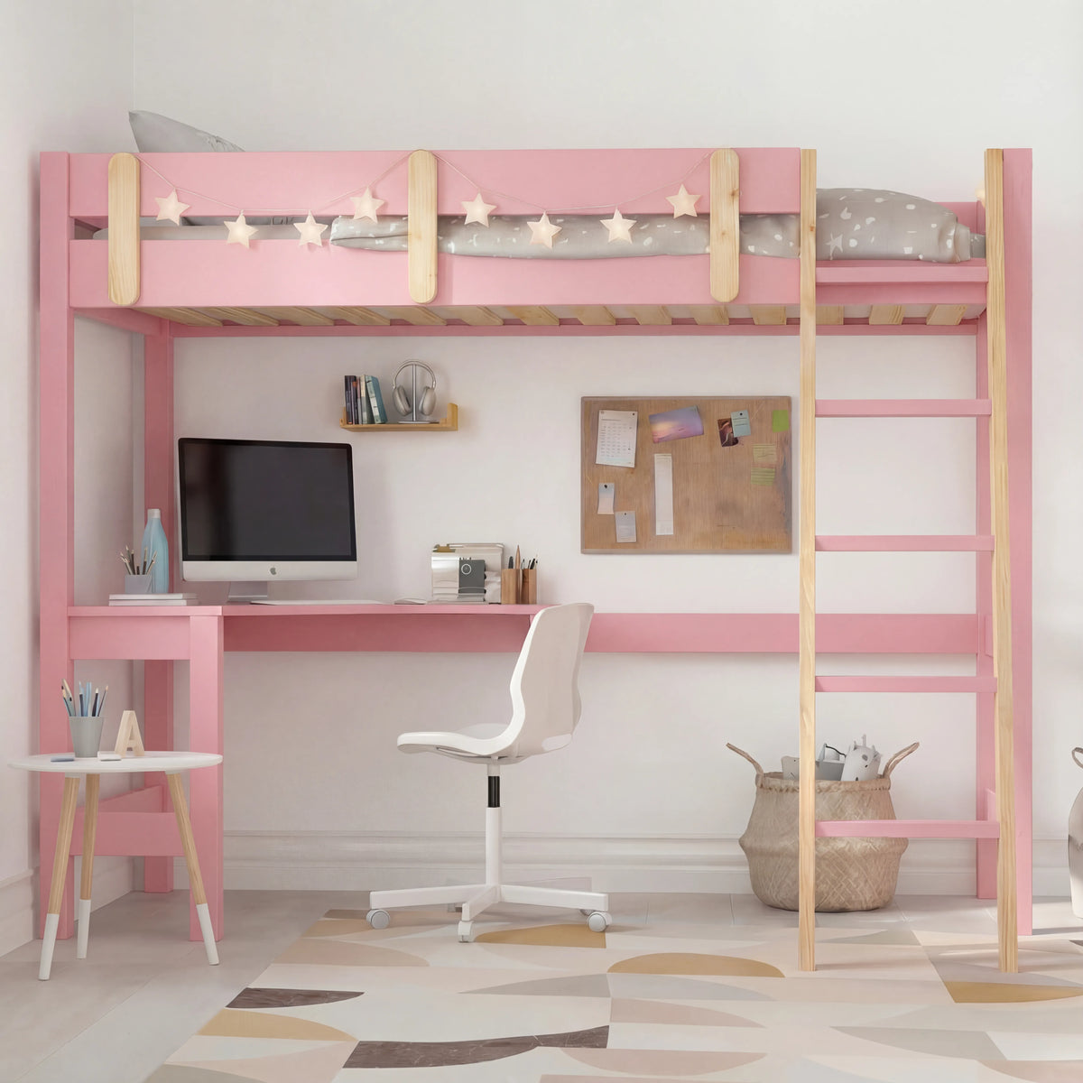 [Pink + Pine] Loft bed from the front with L-shaped desk workspace below and pine wood ladder and rail accents