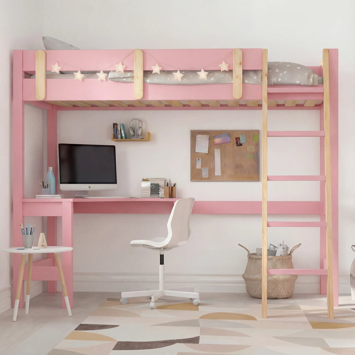 [Pink + Pine] Loft bed from the front with L-shaped desk workspace below and pine wood ladder and rail accents