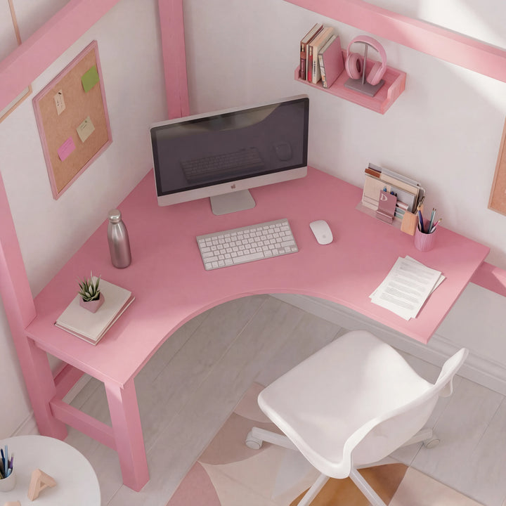 [pink + pine] close-up of l-shaped desk under bunk bed with computer, shelves and white chair