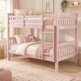 [Pink] Wooden bunk bed in kids room with ladder, guard rails and slatted ends