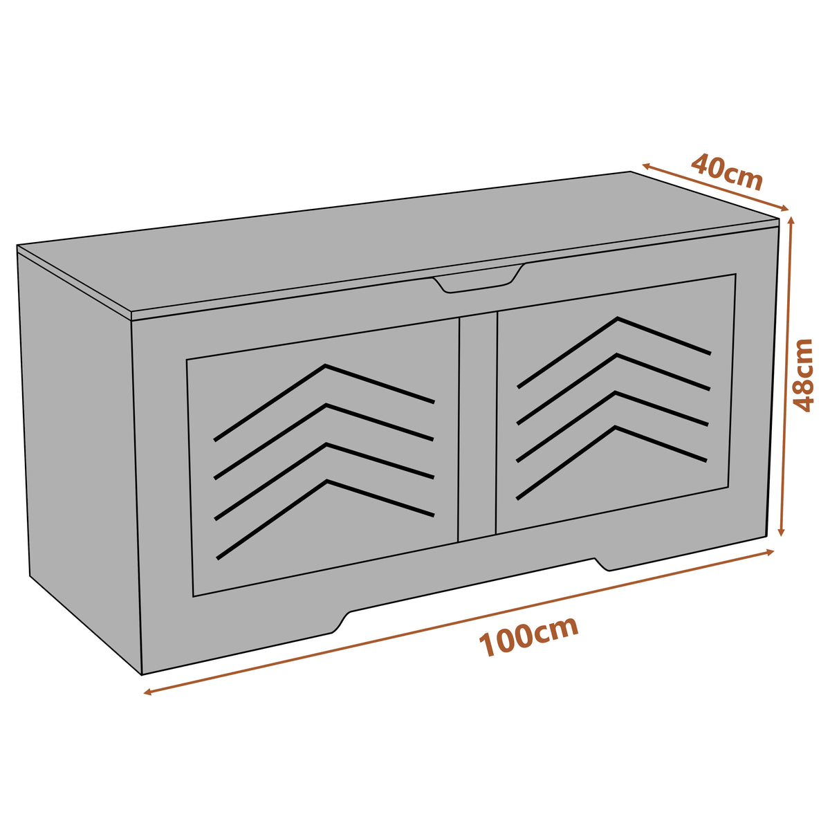 [Rustic] Rustic storage bench with chevron pattern and dimensions on a white background