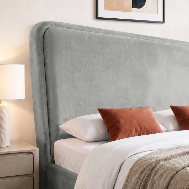 [King | Light Grey] Closeup of 10cm thick sandwich headboard with a section of 6cm thick padding upholstered with soft velvet