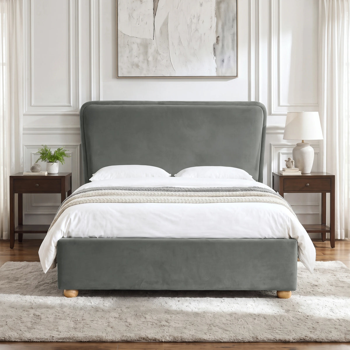 [Double | Grey] Front view of the Plush Velvet Ottoman Double Bed Frame - Grey flanked by matching nightstands.