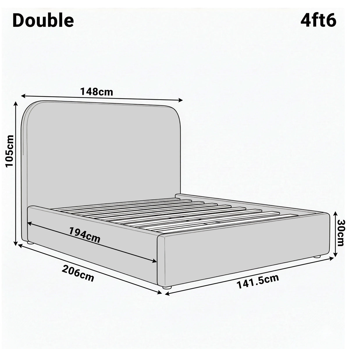 [Double | Blue] Dimension diagram for double 4ft6 Pluva bed showing 148cm width 206cm length and 105cm headboard height