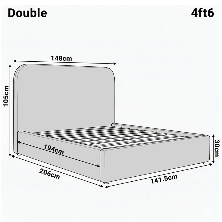 [Double | Blue] Dimension diagram for double 4ft6 Pluva bed showing 148cm width 206cm length and 105cm headboard height