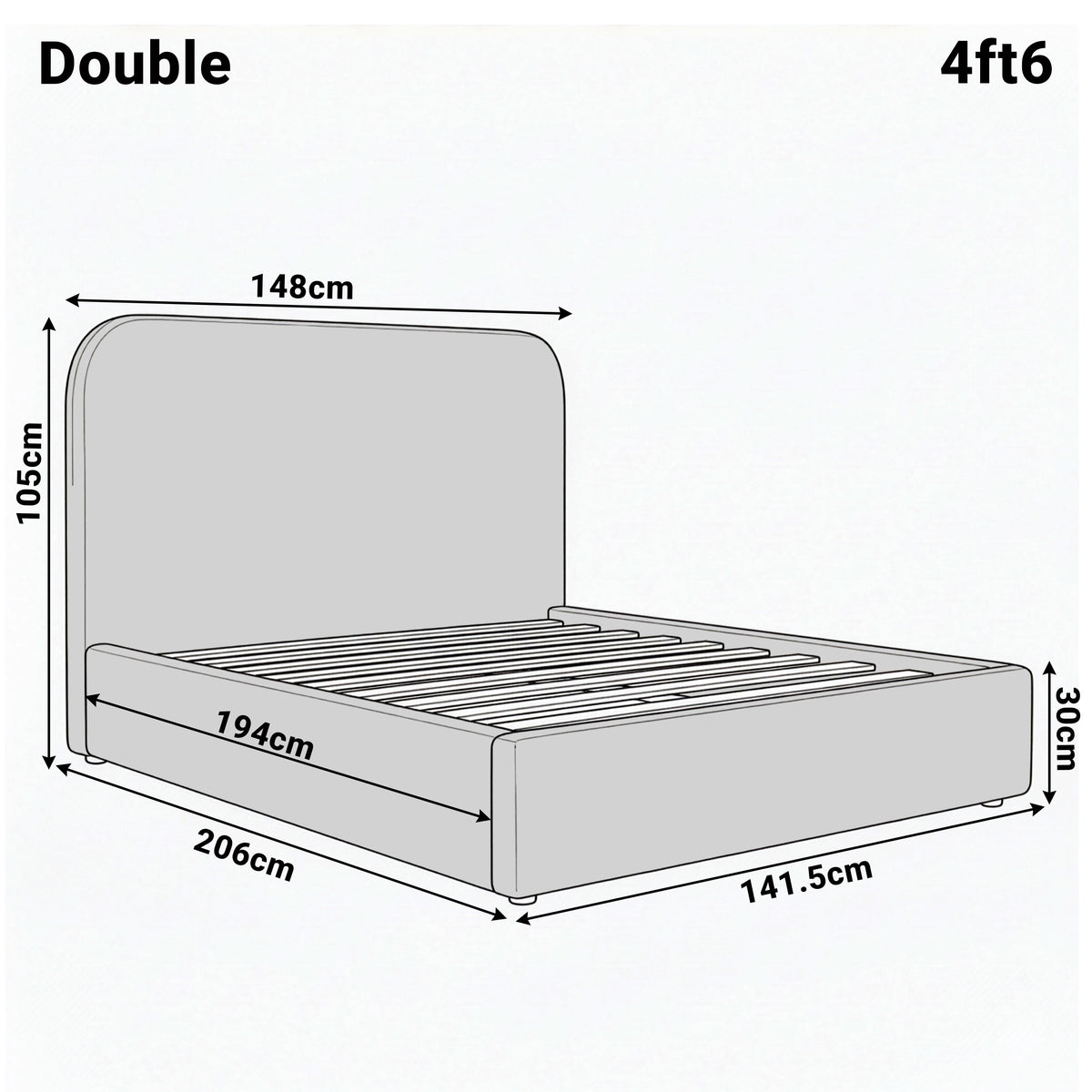 [Double | Grey] Dimension diagram for double 4ft6 Pluva bed showing 148cm width 206cm length and 105cm headboard height